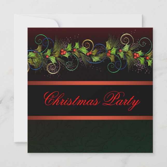 Black Red Gold Holly Weihnachts-Party Einladung (Vorderseite)