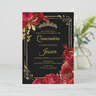 Black Red Gold Quinceanera Einladung