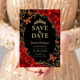 Black Red Gold Quinceanera Floral Save The Date