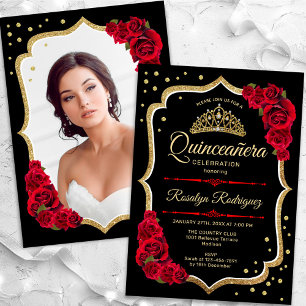 Black Red Gold Quinceanera Foto Einladung