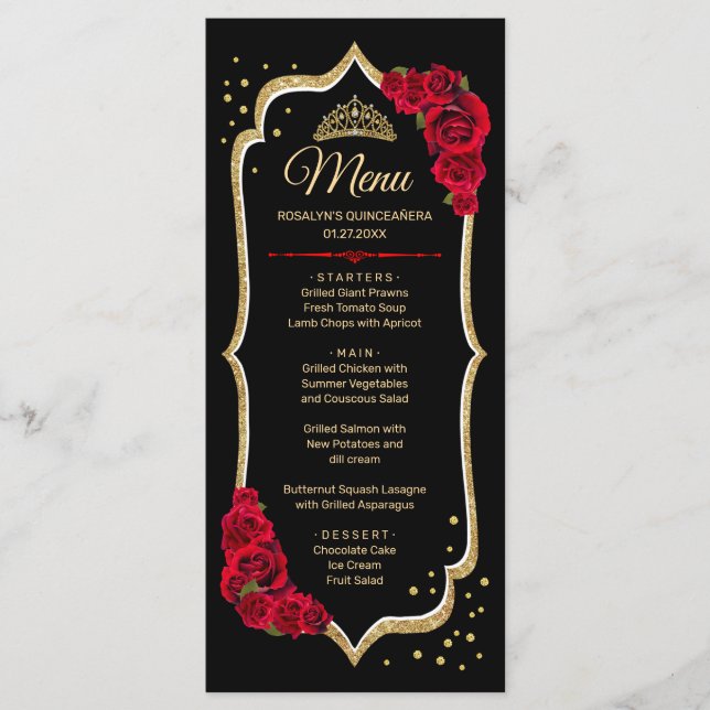 Black Red Gold Quinceanera Menükarte (Vorderseite)