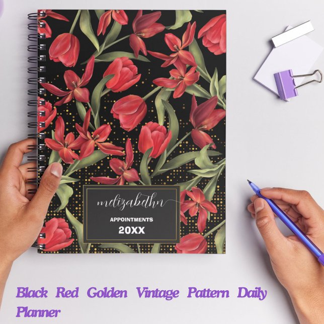 Black Red Golden Vintag Pattern Täglicher Planer (Professional Planner for Business, Work, and School)