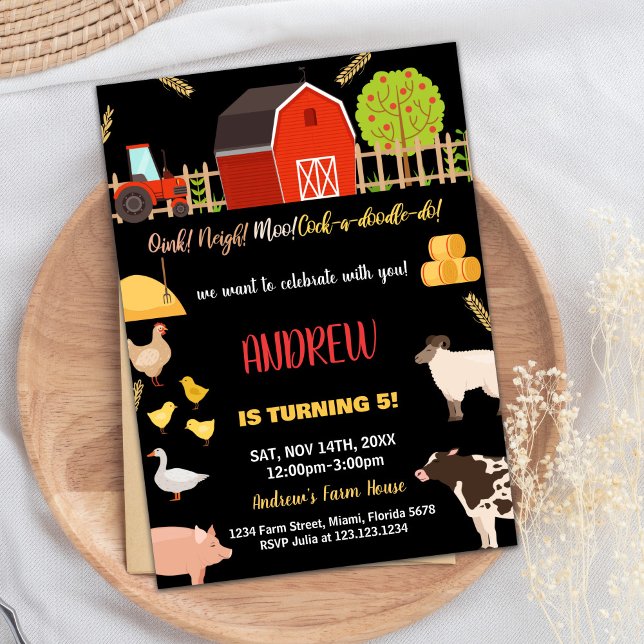 Black Red Green Farm Animaux Invitations Anniversa (Black Red Green Farm Animals Birthday Invitations)