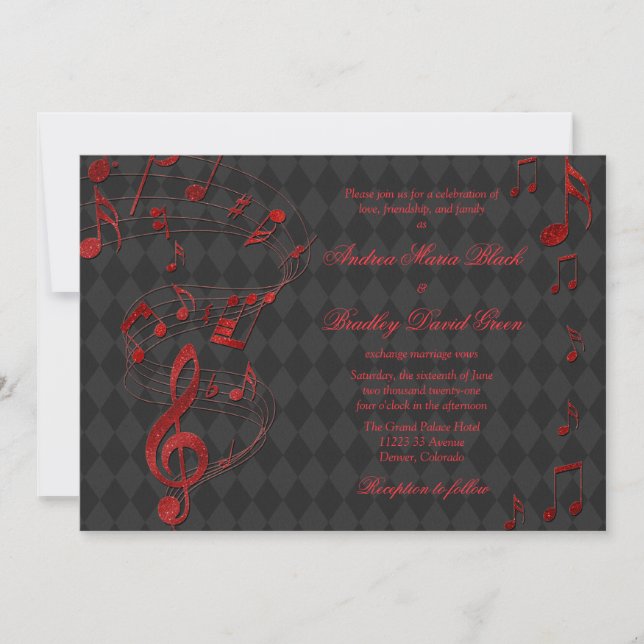 Black Red Harlequin Musiknotens Hochzeitseinladung Einladung (Vorderseite)