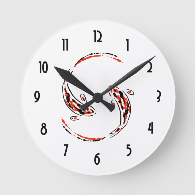 Black & Red Japanese Koi Fish Artistic Runde Wanduhr (Vorderseite)