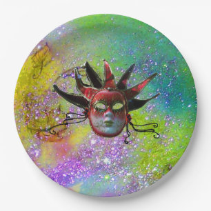 BLACK RED JESTER MASK Masquerade gelb violett Pappteller