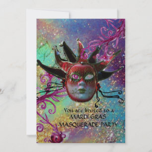 BLACK RED JESTER MASK Masquerade Party Blue Silver Einladung