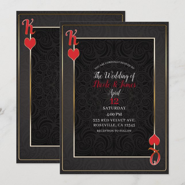 Black Red King & Queen of Hearts Elegante Hochzeit Einladung (Vorne/Hinten)