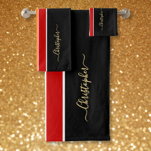 Black Red Orange Racing Stripes Faux Gold Monogram