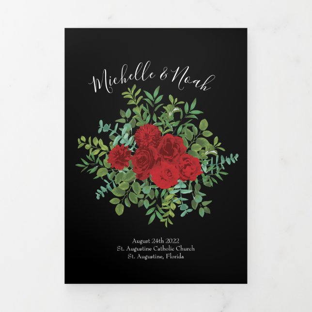 Black & Red Peony & Rose Floral Wedding Programmes (Page de couverture)