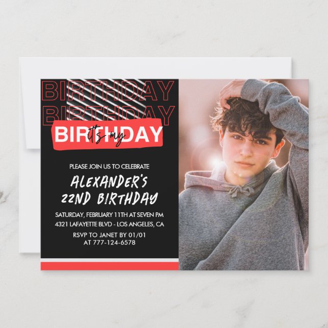 Black Red Photo 22e anniversaire invitations Homme (Devant)
