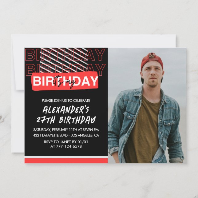 Black Red Photo 27e anniversaire invitations Homme (Devant)