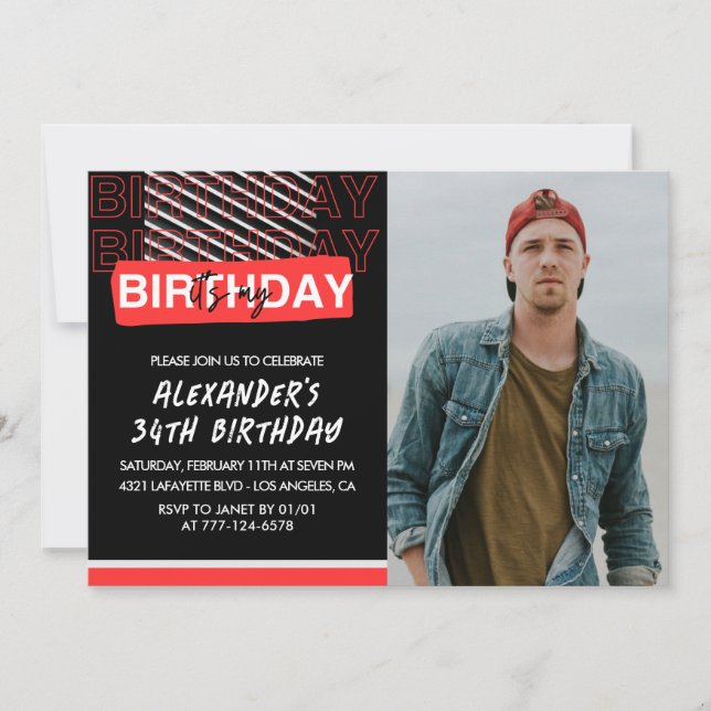 Black Red Photo 34e anniversaire invitations Homme (Devant)