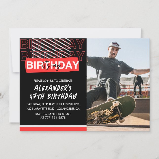 Black Red Photo 47e anniversaire invitations Homme (Devant)