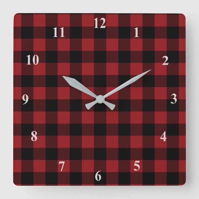 Black & Red Plaid Checked Quadratische Wanduhr (Vorderseite)
