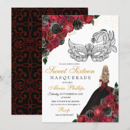 Black Red Princess Tiara Masquerade Sweet 16 Einladung
