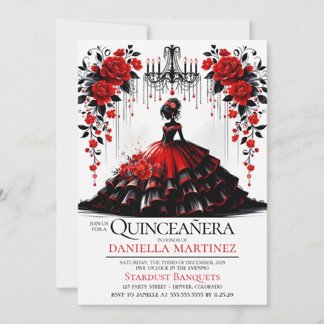 Black & Red Quinceañera Girl Einladung (Vorderseite)