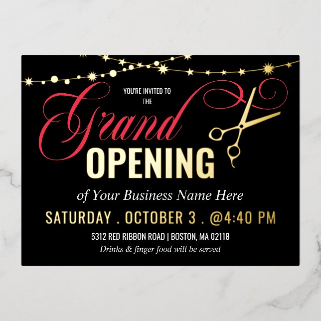 Black Red Ribbon Cutting Grand Opening Gold Foil Folie Einladungspostkarte (Vorderseite)