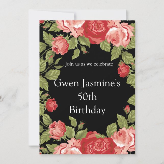 Black & Red Rose Birthday Invitation – Elegant  Einladung (Vorderseite)