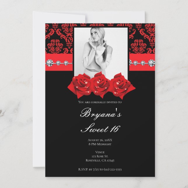 Black Red Roses Damask Sweet 16 Photo Invitation (Devant)