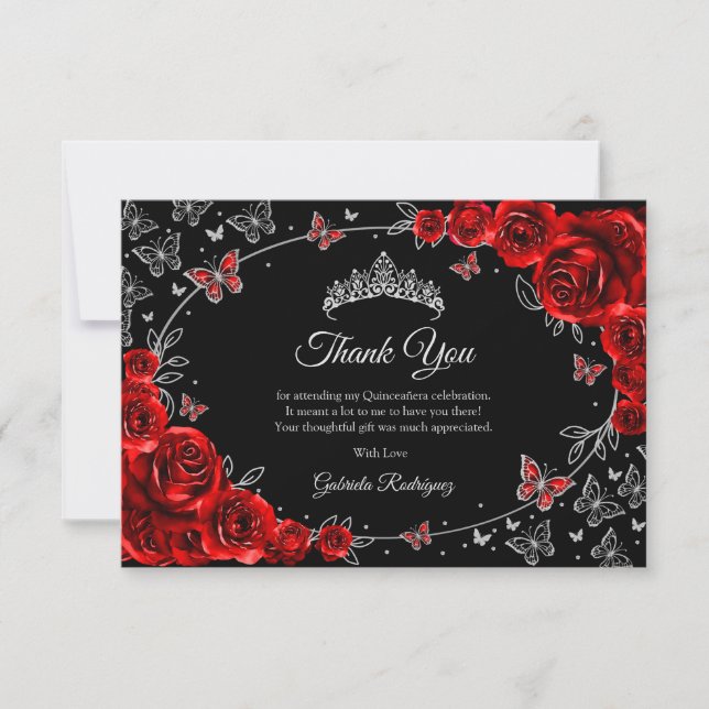 Black Red Silver Quinceanera Dankeskarte (Vorderseite)