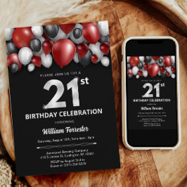 Black Red Silver & White 21. Geburtstag Einladung
