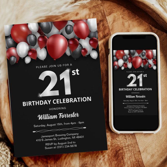 Black Red Silver & White 21. Geburtstag Einladung (Black Red Silver & White 21st Birthday Invitation)