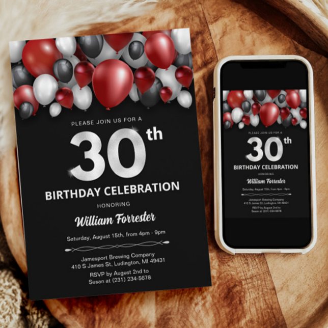 Black Red Silver & White 30. Geburtstag Einladung (Black Red Silver & White 30th Birthday Invitation)
