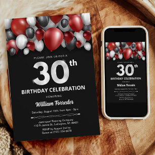 Black Red Silver & White 30. Geburtstag Einladung