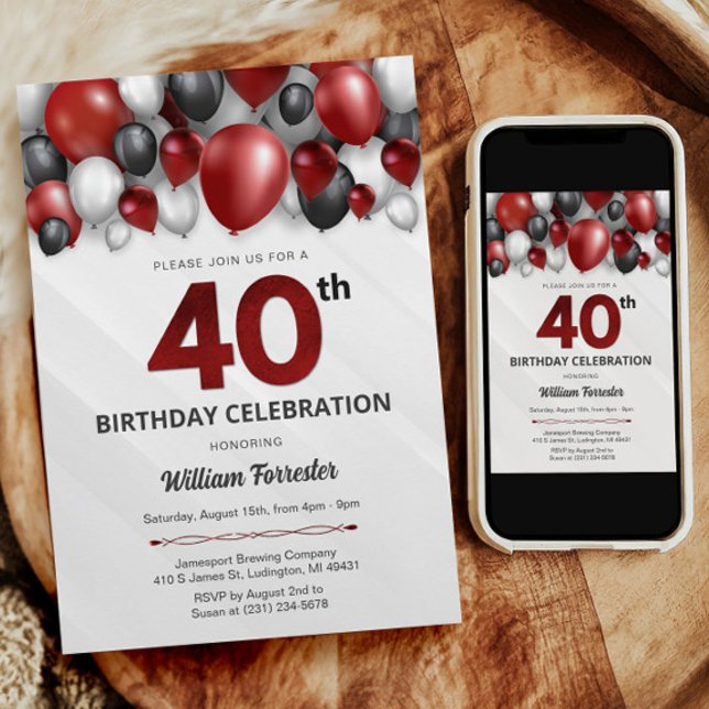 Black Red Silver & White 40. Geburtstag Einladung (Black Red Silver & White 40th Birthday Invitation)