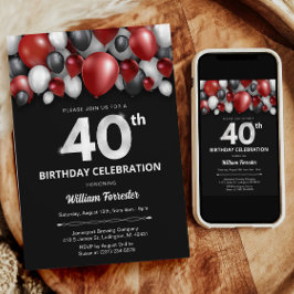Black Red Silver & White 40. Geburtstag Einladung