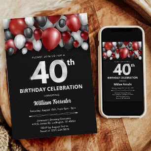 Black Red Silver & White 40th Birthday Invitation