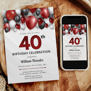 Black Red Silver & White 40th Birthday Invitation