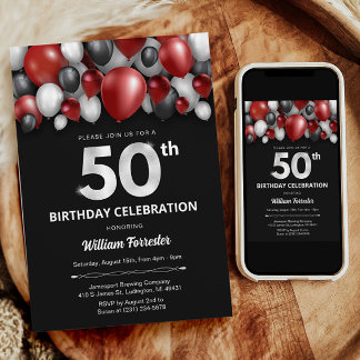 Black Red Silver & White 50. Geburtstag Einladung