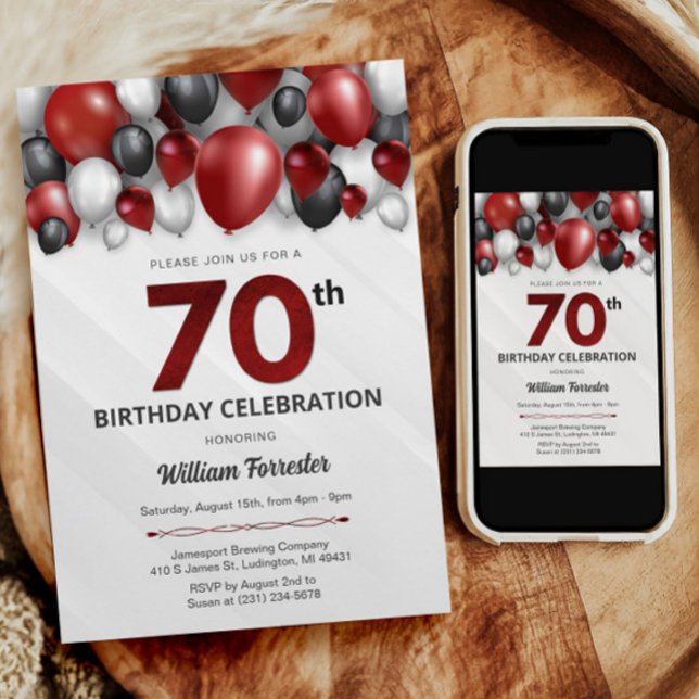 Black Red Silver & White 70. Geburtstag Einladung (Black Red Silver & White 70th Birthday Invitation)