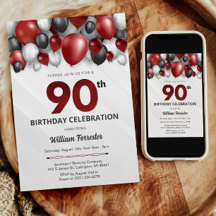 Black Red Silver & White 90. Geburtstag Einladung