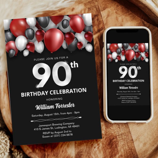 Black Red Silver & White 90th Birthday Invitation (Black Red Silver & White 90th Birthday Invitation)