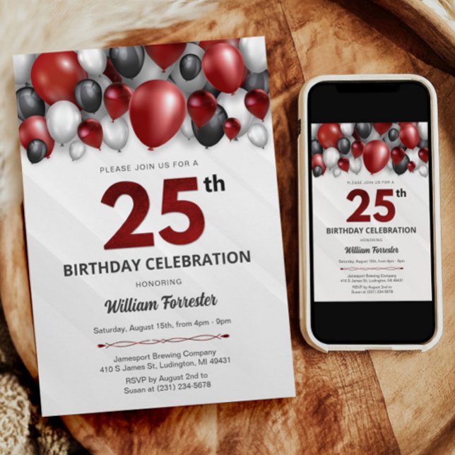 Black Red Silver & White Invitation 25e anniversai (Black Red Silver & White 25th Birthday Invitation)