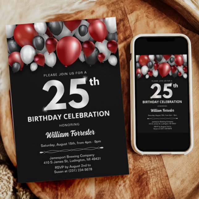 Black Red Silver & White Invitation 25e anniversai (Black Red Silver & White 25th Birthday Invitation)