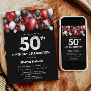 Black Red Silver & White Invitation 50th Birthday