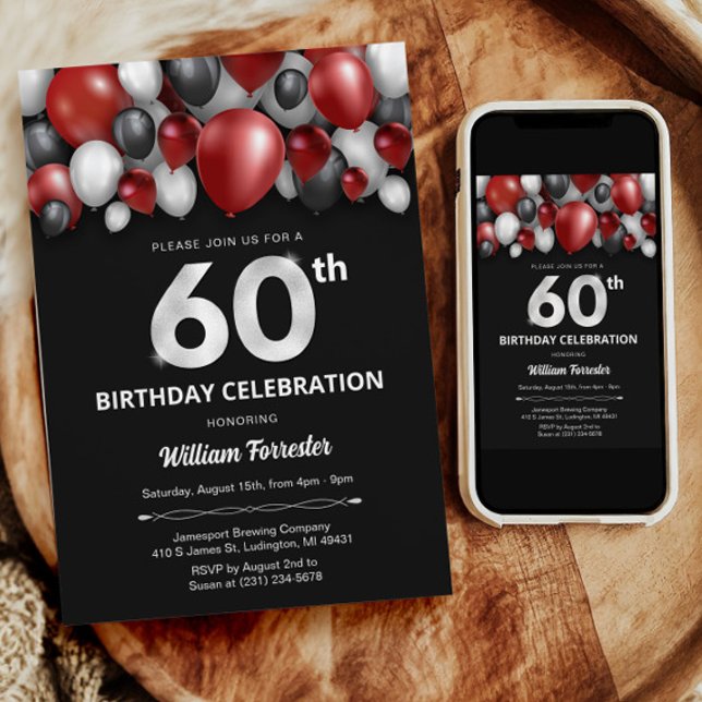 Black Red Silver & White Invitation 60e anniversai (Black Red Silver & White 60th Birthday Invitation)