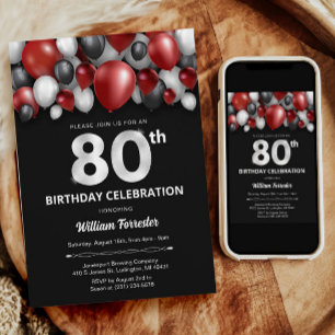 Black Red Silver & White Invitation de 80e anniver