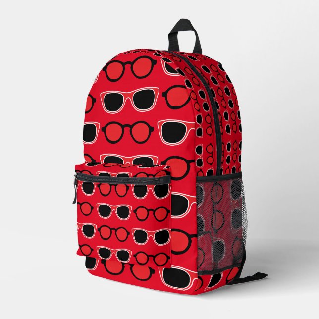 Black Red Sunglasses Pattern Bedruckter Rucksack (Rückseitige Ecke Rechts)