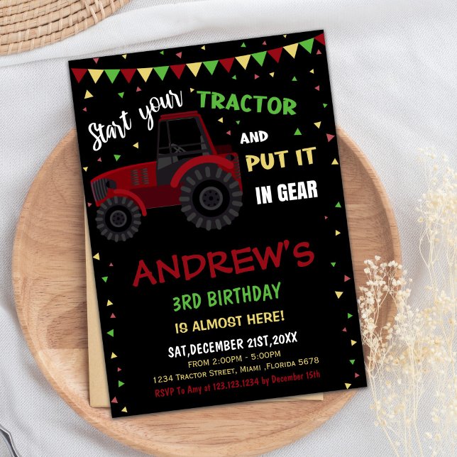 Black Red Tractor Geburtstagseinladungen Einladung (Black Red Tractor Birthday Invitations)
