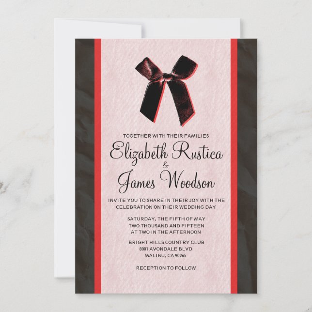 Black Red Vintag Bow & Linen Wedding Einladungen (Vorderseite)