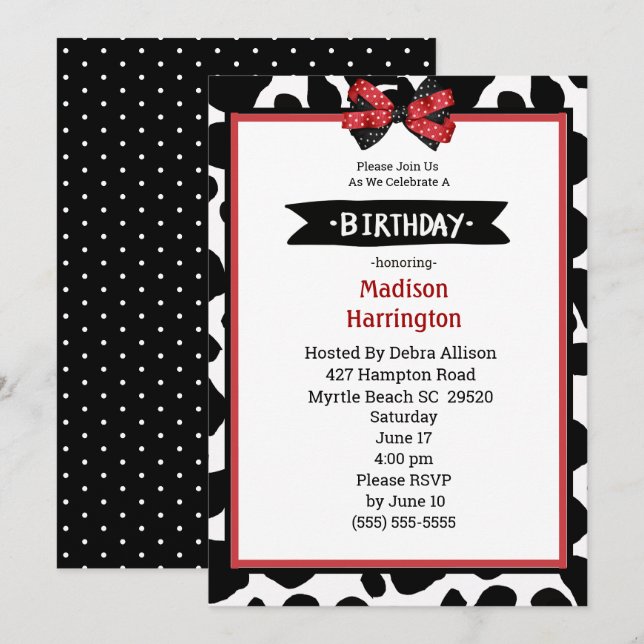 Black Red White Cow Print Birthday Einladung (Vorne/Hinten)