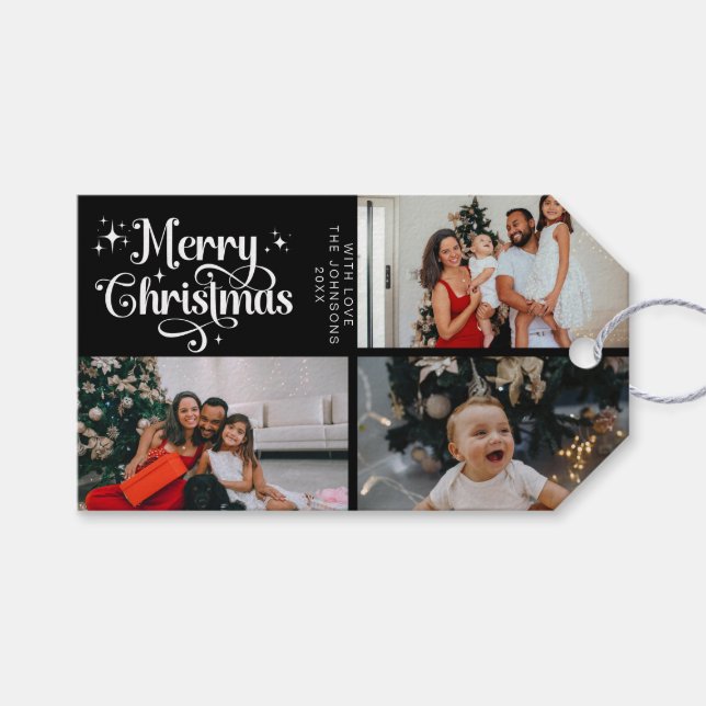 Black Retro Frohe Weihnachts-Familie Foto Collage Geschenkanhänger (Vorderseite (Horizontal))
