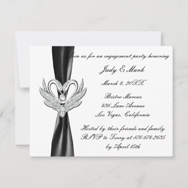 Black Ribbon Argent Swans Invitation de la partie  (Devant)