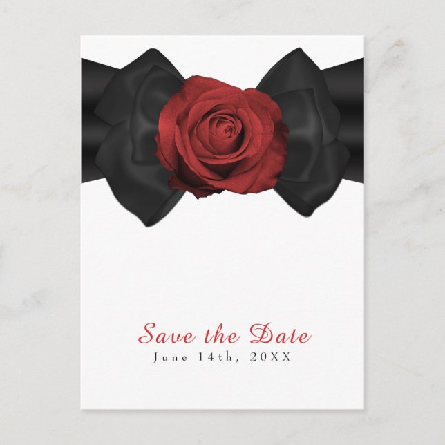 Black Ribbon Bow & Rote Rose Elegant Save the Date Ankündigungspostkarte (Vorderseite)