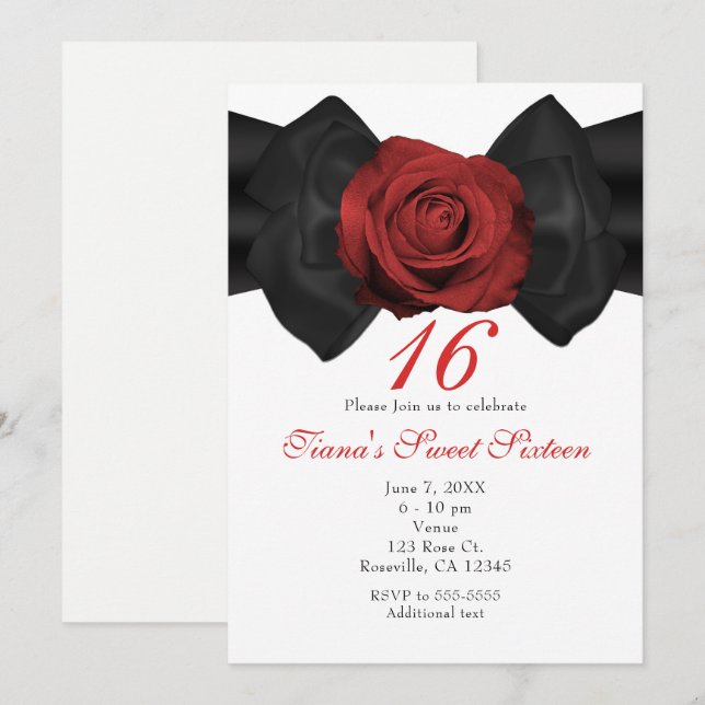 Black Ribbon Bow & Rote Rose Elegante Einladungen (Vorne/Hinten)